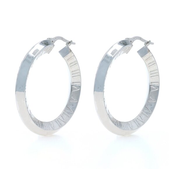 White Gold Roman Numeral Hoop Earring 14k Knife Edge Pierced - Picture 1 of 4